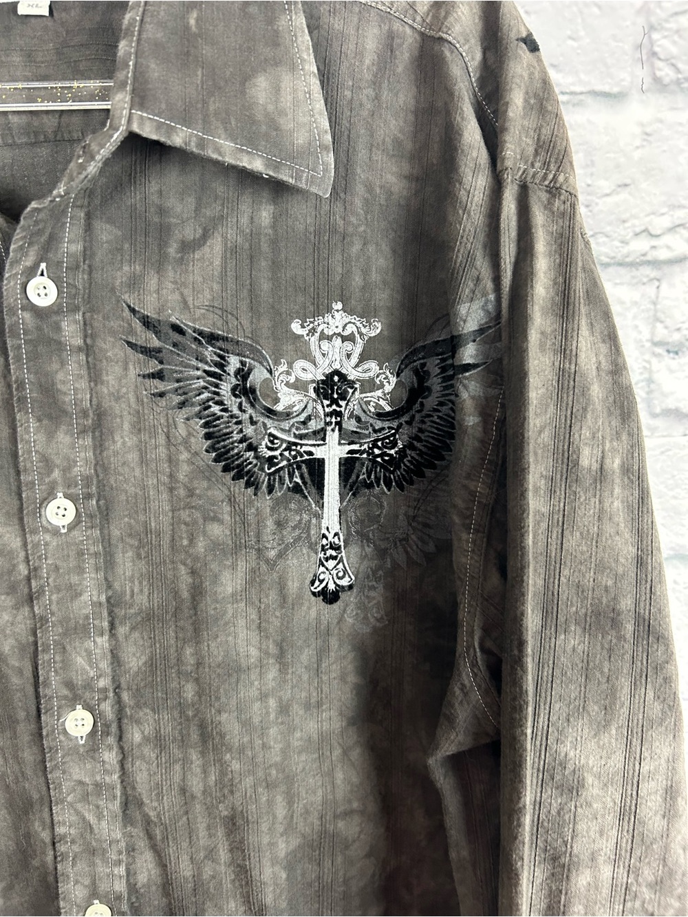 Eighty Eight XL Gray Acid Wash Cross Wings Button Front Shirt Gothic Y2K - Picture 3 of 8